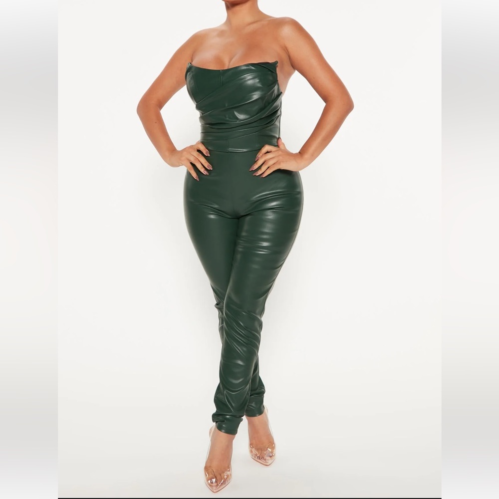 Green Faux Leather Party Jumpsuit